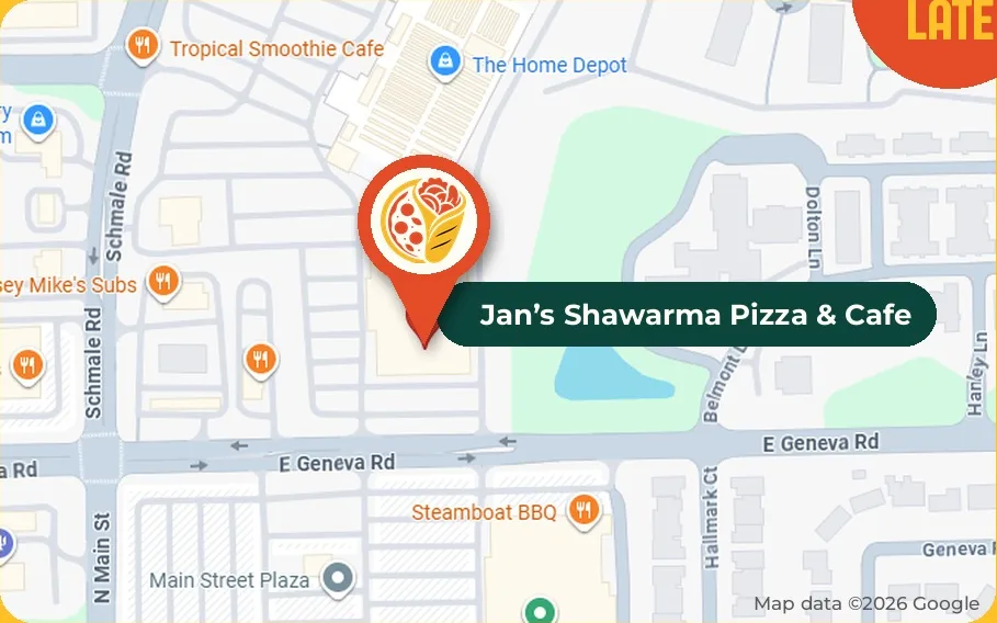 Map showing Jan's Shawarma Pizza & Cafe at 541 South Schmale Road, Carol Stream